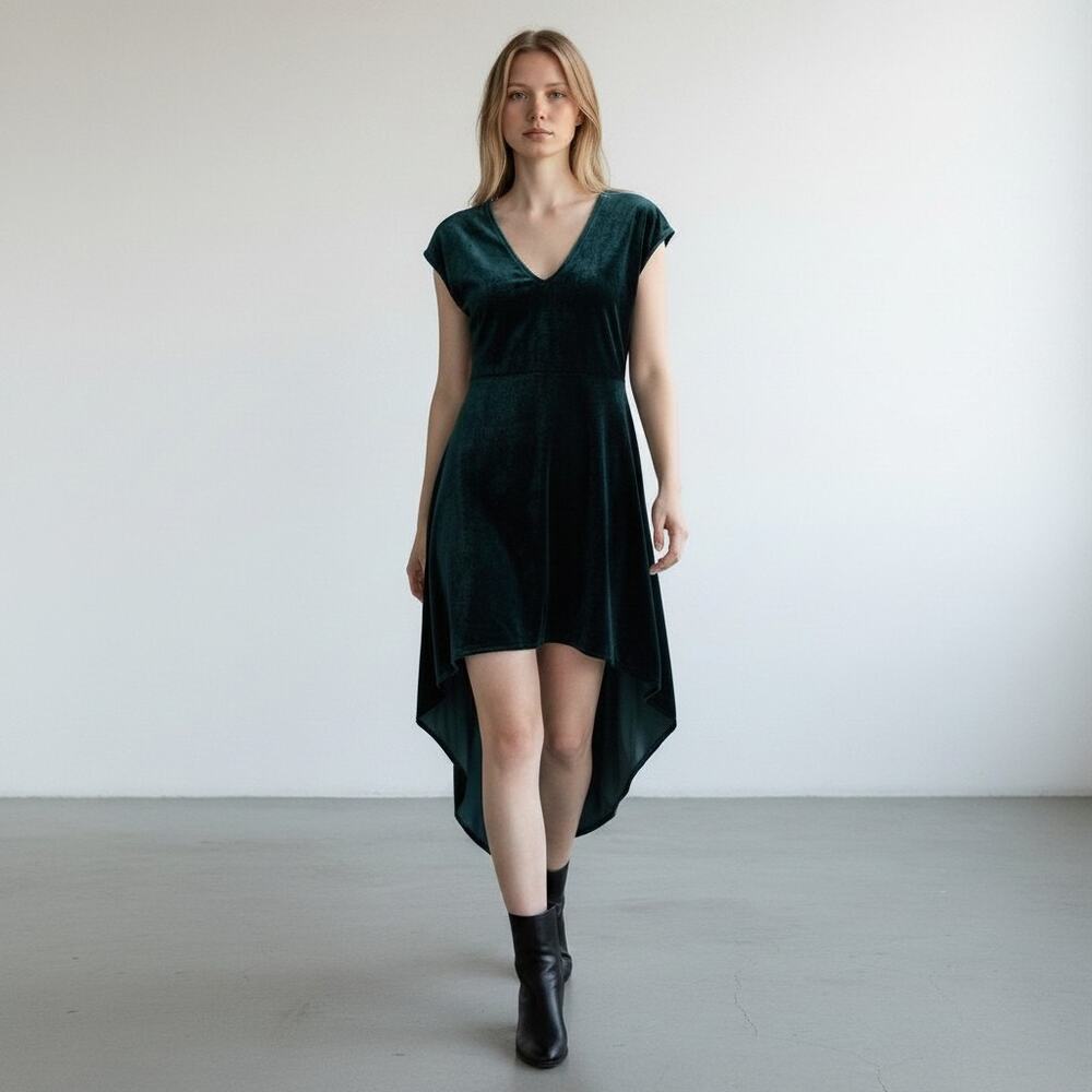 Moschino Cheap and Chic Green V-neck Velvet Hi - Lo Hem Dress Sz 8 Fairy Holiday